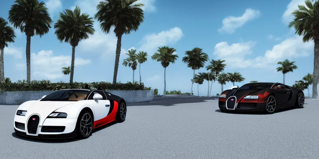 Image similar to bugatti veyron, 3 d primitive rendering, palm trees, 8 0 s vaporwave