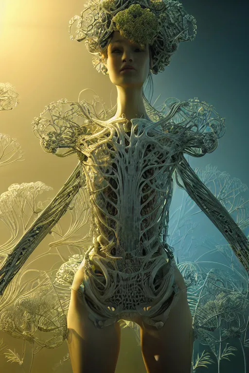 Image similar to intricate hyper detailed ultra sharp 3 d render, unity of mood, biomechanical cyborg ladies dancing, atmospheric, foliage, white large pore fungi, cyberpunk art nouveau, haute couture alexander mcqueen leaves stems colorful dahlias blooming transparent fractal filigree roots, intricate details, octane render, volumetric cinematic lighting, natural beautiful light, yellow infrared, lumiol, 8 k,