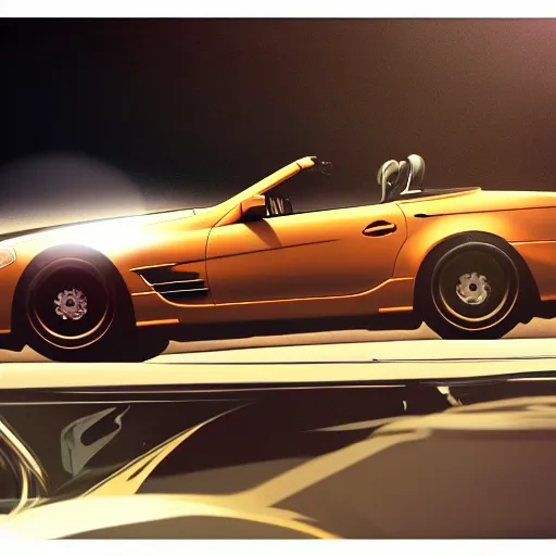 Image similar to detailed intricate digital illustration by greg rutkowski and artgerm and wlop and sanford robinson gifford ; steve jobs driving mercedes sl ; 1 3 mm film, arri alfa anamorphic lens ; sharp focus ; golden hour, trending on artstation 8 k