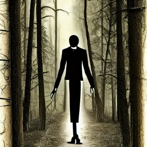 Image similar to slenderman walking with a 20 years women!! throw forest