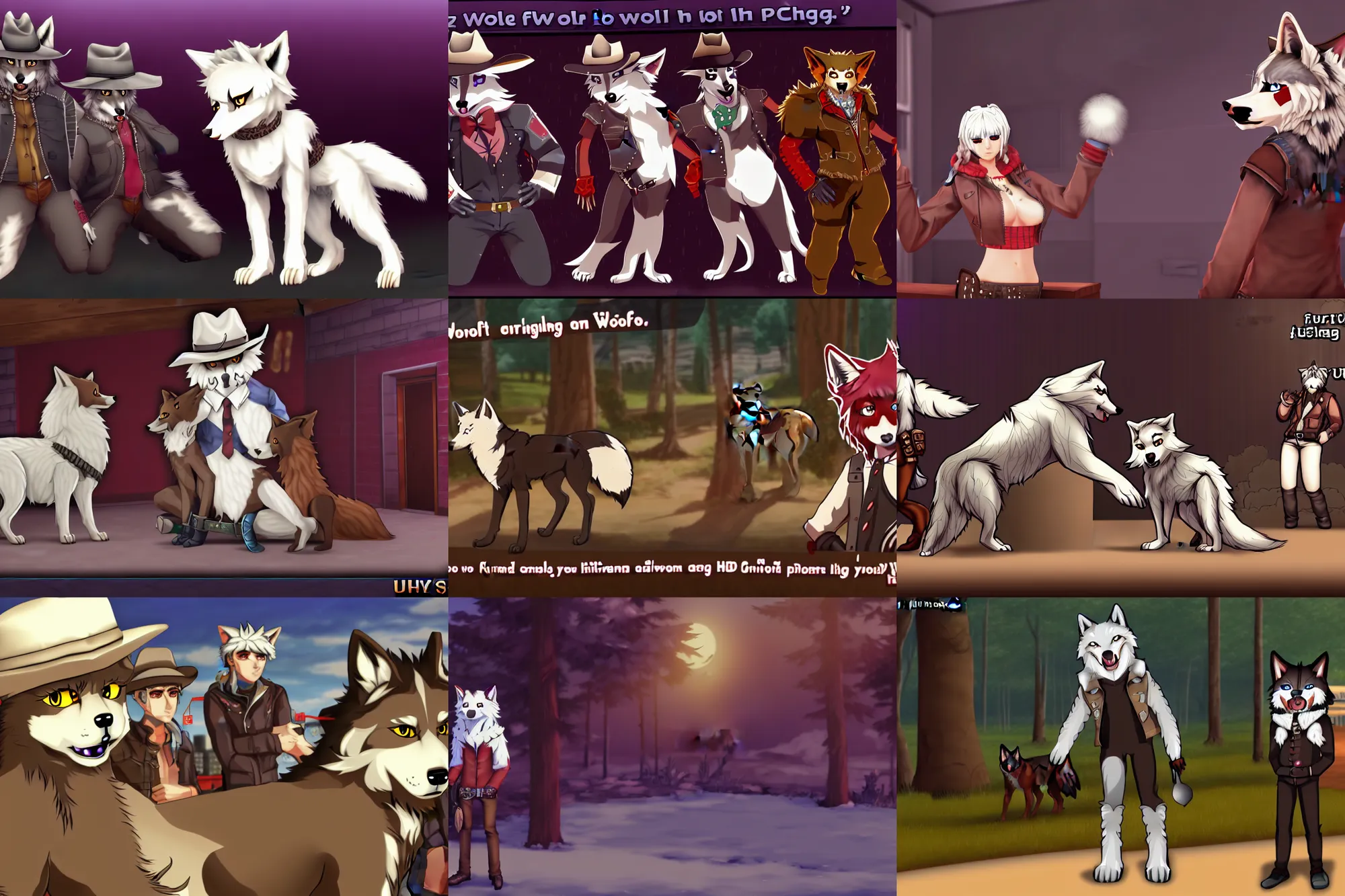 Prompt: furry - wolf - cowboy - fursona uhd ue 5 visual novel pc game screenshot : awoo