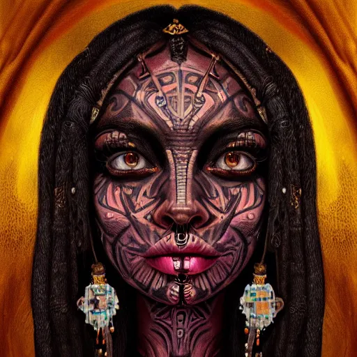 Prompt: A very detailed horrifying portrait painting of the dark princess, occult patterned skin, 8k, trending on artstation cgsociety, masterpiece, in the style of DiscoDiffusion.