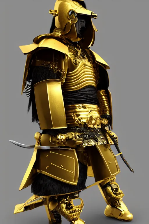 Image similar to hyperrealistic cyberpunk samurai character, gold warrior helmet, gold armour, ultradetailed, volumetric lighting, depth of field, 4k UHD.