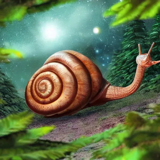 Prompt: A giant snail on an exoplanet whose house is made of ruby crystals, high quality fine details hyper realistic photorealistic, a forest of giant trees in the background