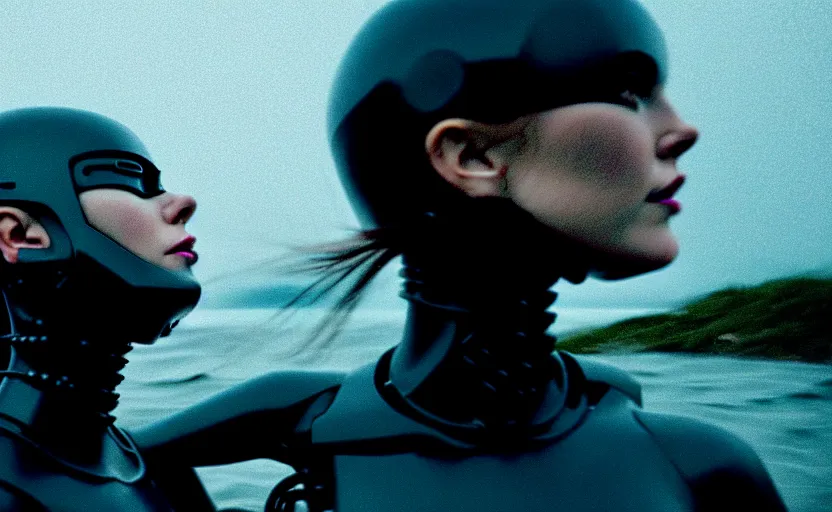 Image similar to cinestill 5 0 d candid action photographic portrait by quentin tarantino of two loving female androids wearing rugged black mesh techwear in treacherous waters, extreme closeup, modern cyberpunk retrofuturism moody emotional cinematic, pouring iridescent rain, 8 k, hd, high resolution, 3 5 mm, f / 3 2, motion blur, ultra realistic faces, ex machina