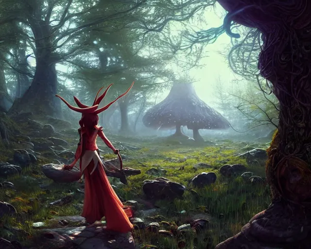 Image similar to highly detailed portrait of emma stone as an elf in a magical mushroom forest, in skyrim, stephen bliss, unreal engine, fantasy art by greg rutkowski, loish, rhads, ferdinand knab, makoto shinkai and lois van baarle, ilya kuvshinov, rossdraws, tom bagshaw, global illumination, radiant light, detailed and intricate environment