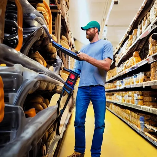 Prompt: the loader goes to the store on his hands in a cap