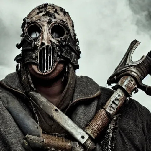 Prompt: a scary fierce menacing postapocalyptic medieval lord, buff big, fashion, masked wearing a mask, movie hd, cronenberg vimeo