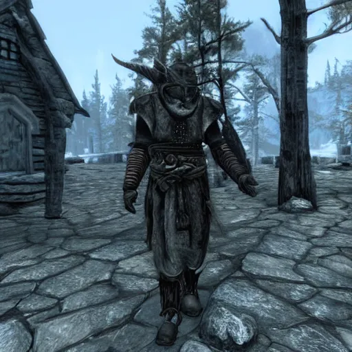 Image similar to walking through skyrim, the NPCs are replaced with futuristic robots