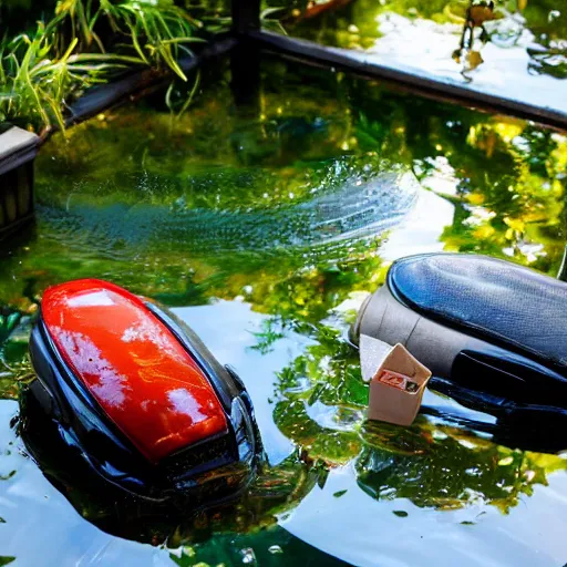 Prompt: car seats floating in a koi pond, 8 k