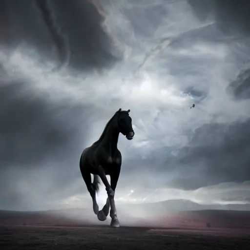 Image similar to hyper realistic picture of the horse rider of the apocalypse decending the sky on the verge of human extintion, deep shadows, high contrast, ash atmospher, nuclear winter