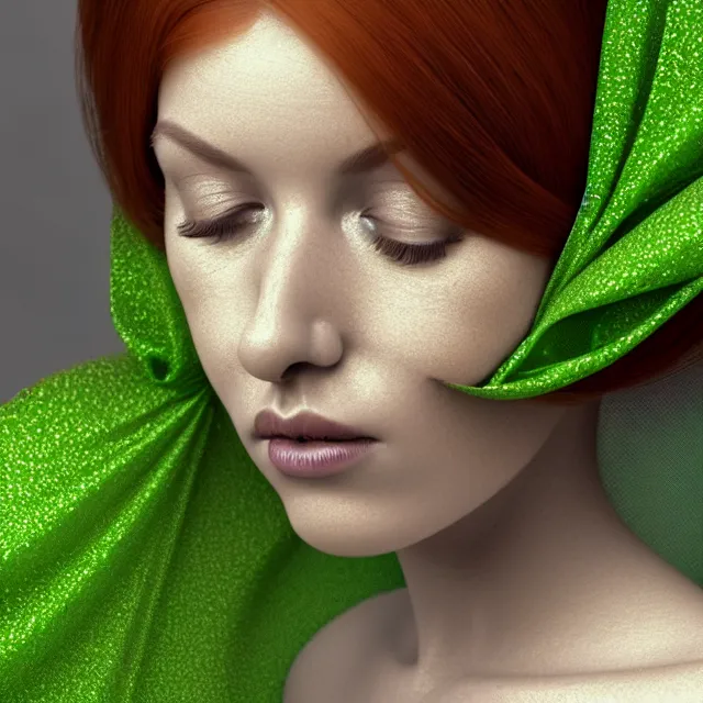 Prompt: an striking!! render of a woman with auburn hair and a white veil on her head wearing a green dress sitting in front of an open window, an ambient occlusion render, featured on zbrush central, hyper realistic art, neural pointillism, houdini, zbrush, warm earth tones, natural light, oil painting