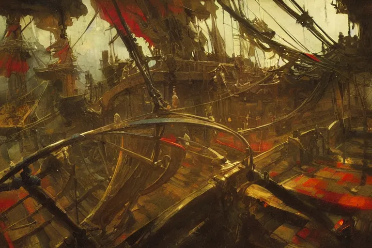 Image similar to pirate ship deck interior, intricate, elegant, highly detailed, vivid colors, john harris, frazetta, tyrus wong, ruan jia, jeffrey catherine jones