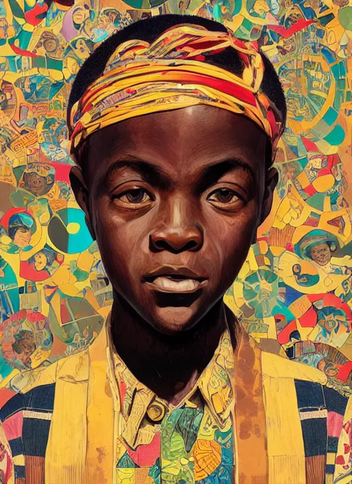 Image similar to colourful upper half portrait of an african boy with proportions in the style of jack davis - presented in magazine collage style, art by hsiao - ron cheng & alphonse mucha, magazine collage, highly detailed, caricature, caricature, digital painting, concept art, ray tracing, illustration, illustration, smooth, sharp focus, intricate, symmetry, pinterest, behance, artstation