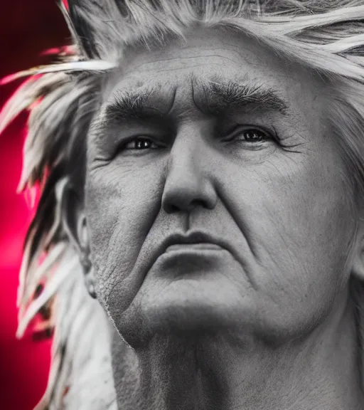 Image similar to award winning 5 5 mm close up portrait color photo of super saiyan trump, in a park by luis royo. soft light. sony a 7 r iv
