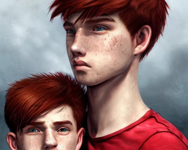 Image similar to portrait stocky of 1 9 - year - old male twins with red hair and freckles, two male, wearing shirts,, hyper realistic face, beautiful eyes, character art, art by mark brooks, hyperdetailed, cryengine, trending on artstation, digital art