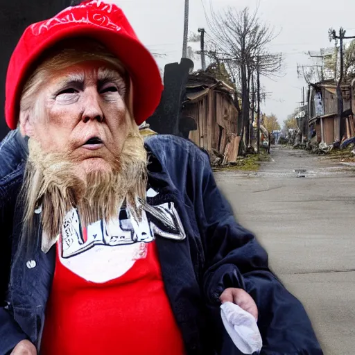 Image similar to donald trump dressed as a homeless man living in the slums