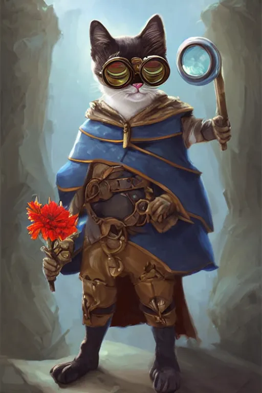 Image similar to cute anthropomorphic tuxedo cat wearing a cape and a goggles and holding a flower , miniature, baby animal, short, blue armor, cute and adorable, pretty, beautiful, DnD character art portrait, matte fantasy painting, Cg society artstarion, by Jason Felix by Steve Argyle by Tyler Jacobson by Peter Mohrbacher, cinematic lighting