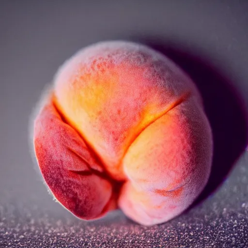 Prompt: a macro photo of a round peach's dry hairy skin, hyper realistic, hyper detailed, 35mm, very grainy film, pink volumetric studio lighting, bokeh, black background award winning shot, vogue magazine, cinematic, 8k, very closeup, elegant, tender, pastel