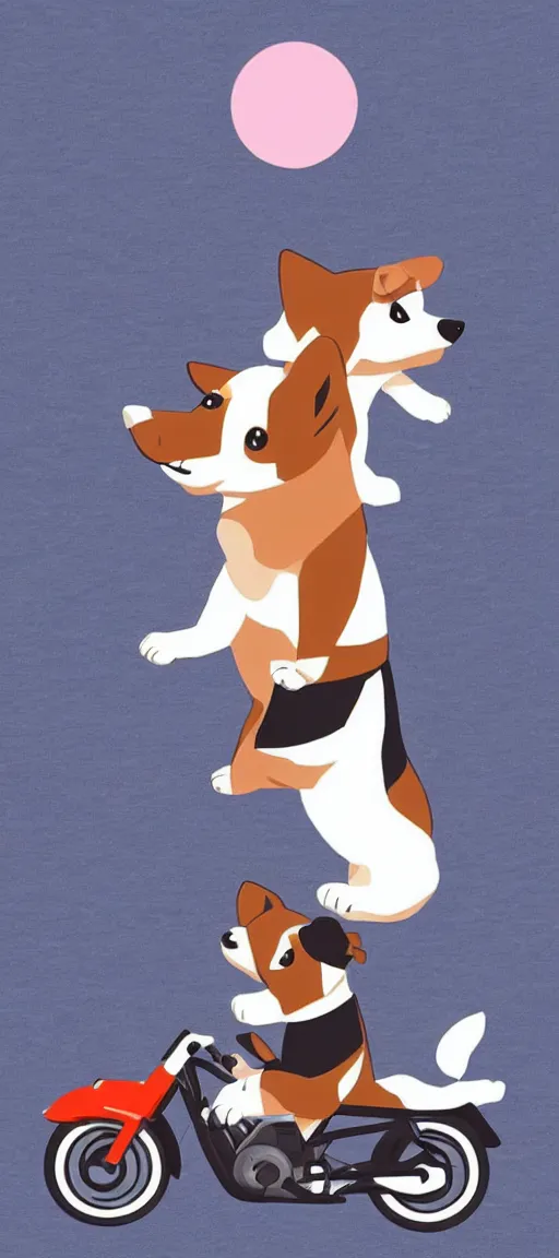 Image similar to A cute corgi riding a motorcycle in the style of Hiroshi Nagai