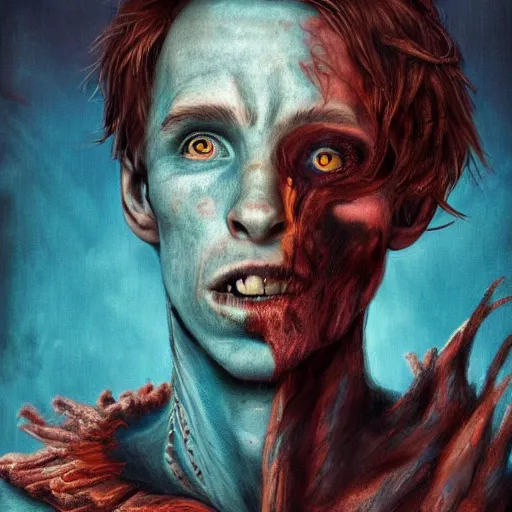 Prompt: Eddie Redmayne,character, fantasy humanoid, soft turquoise skin-tone, pirate style, long tail, turquoise coloured face, fantasy, dark art, rogue, piracy, hyper realistic, short, cinematic, slim, magic the gathering art style, corals, port, tattooed face, amber eyes colour