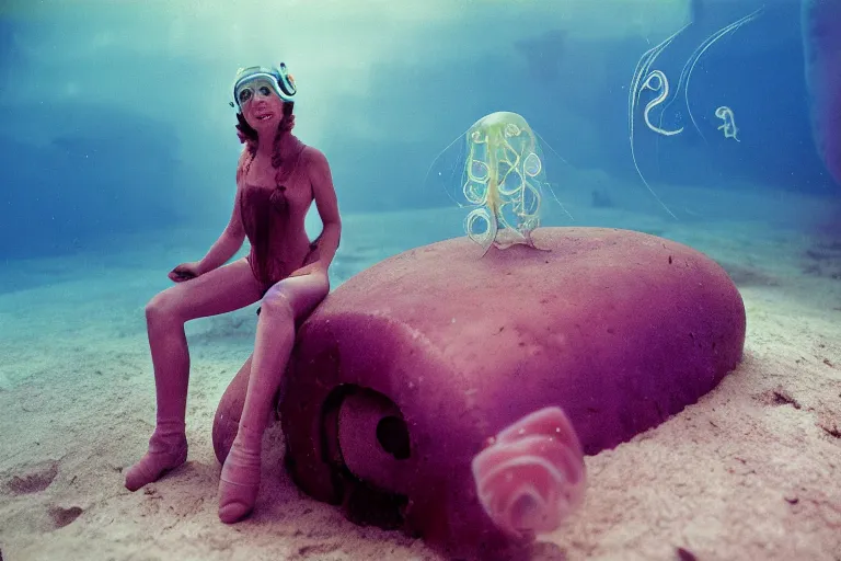 Prompt: high-angle view of a Ukrainian lush female jellyfish human hybrid wearing mayan stone armor and fully transparent amber visor shades with small digital number readout, sitting inside of an underwater 1920s subway station with a submarine trains on the seabed floor, filing cabinets in the sand, ektachrome color photograph, volumetric lighting, off-camera flash, 24mm f8 aperture