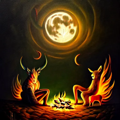 Image similar to strange mythical beasts of sitting around a fire under a full moon, surreal dark uncanny painting by ronny khalil