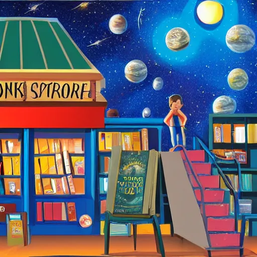 Image similar to panting of book store in space