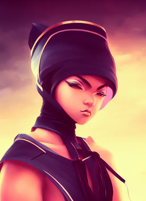 Prompt: attractive female portrait of african ninja, cloud background, rul of thirds, uplight, intricate, symmetrical!!, anime, prism highlights, depth of field, cinematic, filmic, vsco, concept art, artstation, digital painting, elegant, epic, focus