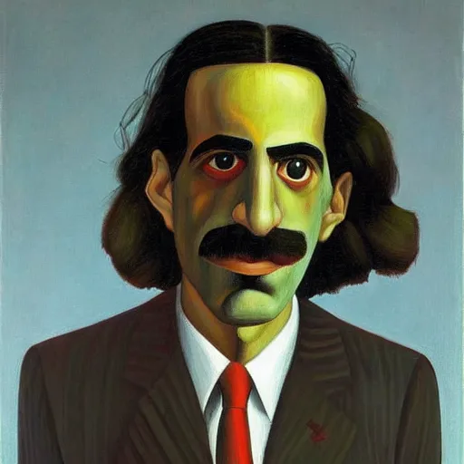 Image similar to robotic frank zappa portrait, long hair, grant wood, pj crook, edward hopper, oil on canvas