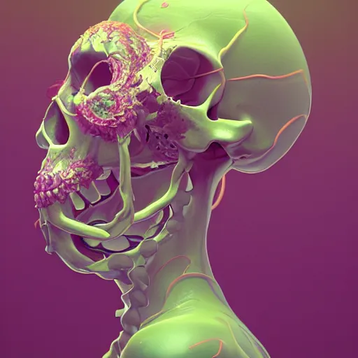 Image similar to a human Skull mutating into flowers, tentacles, unnatural shapes, jellyfish tentacles reaching out, coherent human Skull, insect, chaotic octane render, 3d digital art by beeple, unreal engine 5, award winning,