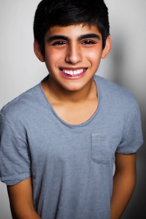 Image similar to close up headshot of an effeminate hispanic teen boy with medium length wavy black hair a wide smile brown eyes a small nose tidy plucked eyebrows dark brown eyes and a diamond shaped face, high resolution film still, 8k, HDR color