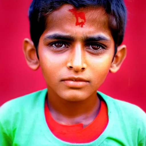 Prompt: portrait of an indian boy with green eyes and red tshirt, film still, kodachrome