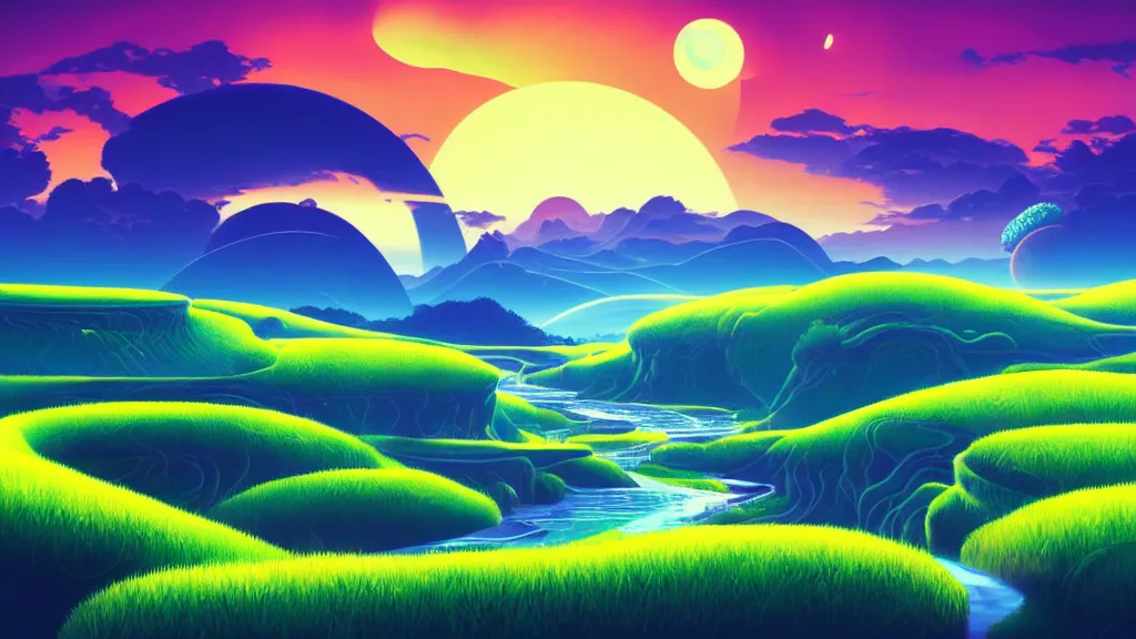 Prompt: digital painting of a lush sinuous river valley by. river. sunset. no mans sky. chiho aoshima. digital render. detailed. beautiful landscape.