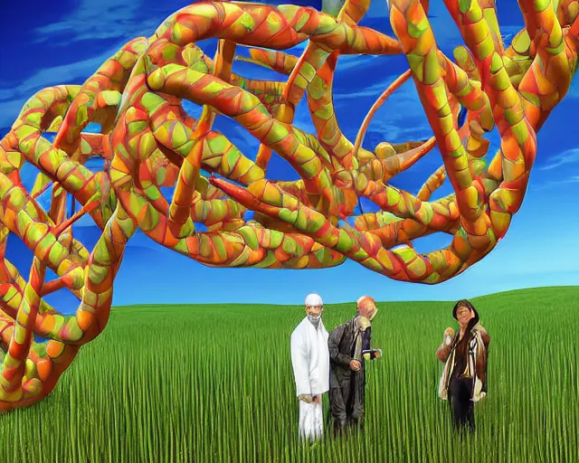 Image similar to in a field, two scientists in lab coats encounter a monster shaped like the DNA double helix, digital art