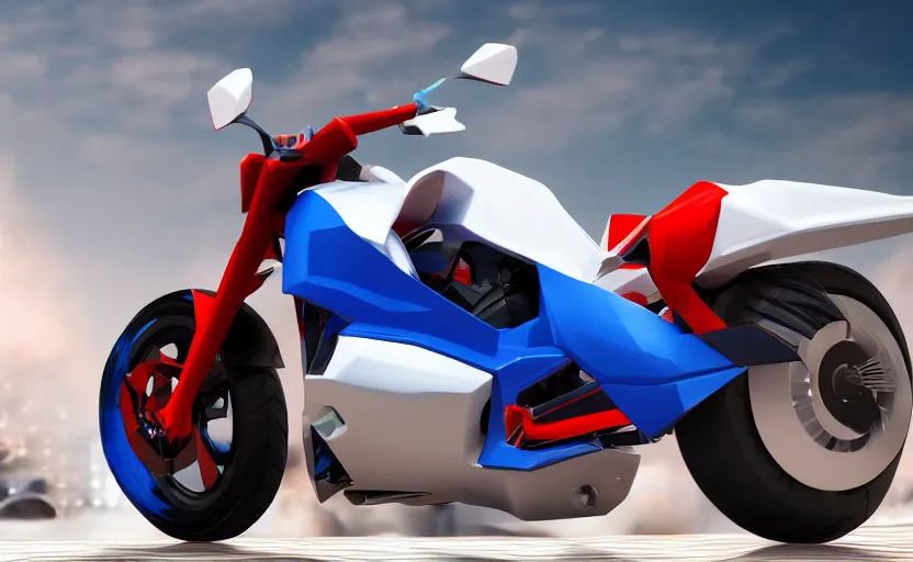 Image similar to prototype, futuristic touring motorbike, wipeout fusion style, show room in background, symmetrical mechanical features, slick tires, designed by professional, smooth curvatures, brushed red and blue paint, hard surfaces modelling, dramatic lighting, hyper realistic rendering, depth of field, bokeh effect, 4 k