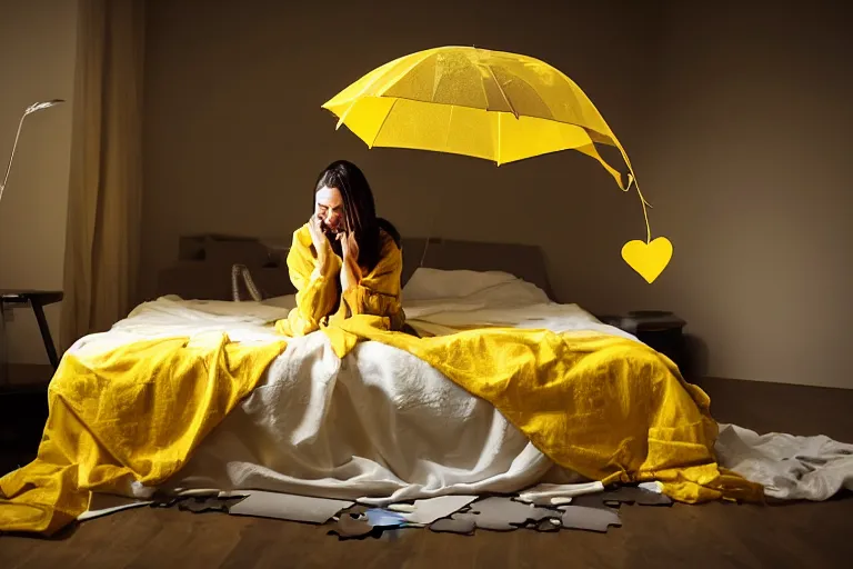 Image similar to a dark-haired woman wearing a yellow raincoat on the floor in front of a bed covered with white linen, puzzle pieces hovering in the air, a sense of awe, atmospheric, cinematic, very detailed, volumetric lighting, photo, by Weta Digital