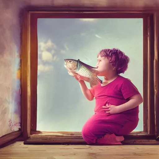 Image similar to the same style. the most beautiful little fat sweet girl is kissing a huge colorful cute fish. modern etching. colored print. hype realistic scene. old photography style. studio lighting. window. 3 d, octane render, deep focus, zbrush