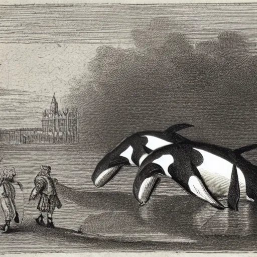 Image similar to orcas wearing fancy clothes, walking in London, engraving from 1700s