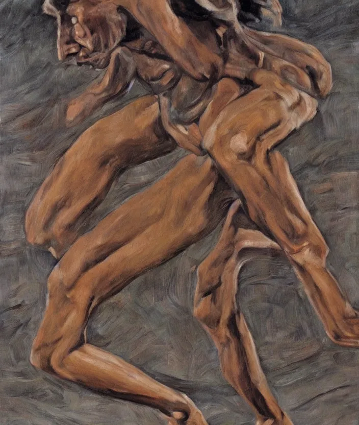 Image similar to indigenous man running, painted by lucian freud, hd, super detailed, realistic, muted colors