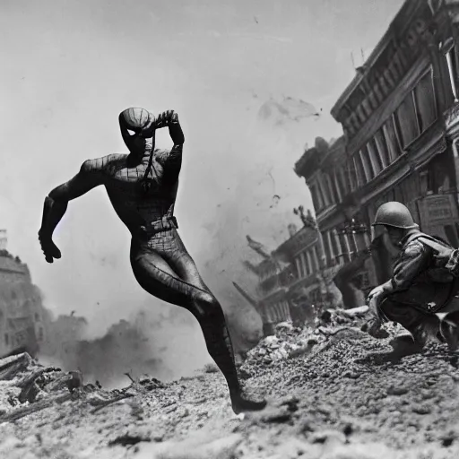 Image similar to world war II photograph of spider-man fighting on the front lines