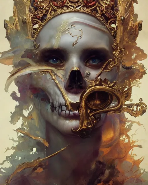 Prompt: 4k cinematic full view ethereal Skull wearing intricate religious gilded Madonna crown by Peter Mohrbacher, by Ruan Jia, by Greg Rutkowski, detailed and realistic, poetic and symbolic, Trending on Artstation