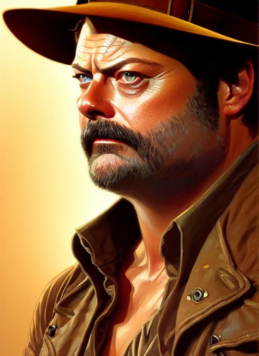 Image similar to portrait of nick offerman as indiana jones, intricate, elegant, highly detailed, digital painting, artstation, concept art, smooth, sharp focus, illustration, art by artgerm and greg rutkowski and alphonse mucha