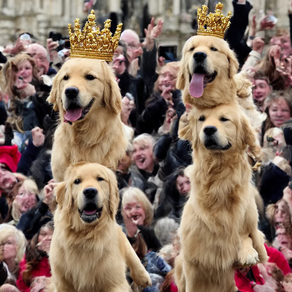 Prompt: national geographic photo of a golden retriever wearing a crown being hailed as the new king of England by a crowd of people at Buckingham palace in the background