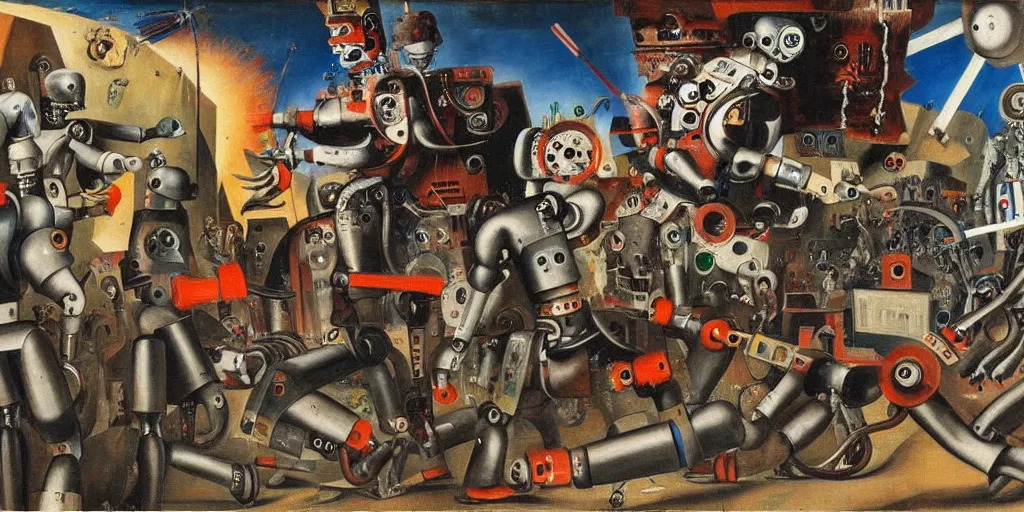 Image similar to scene from future robot battle, painting by otto dix, 8 k