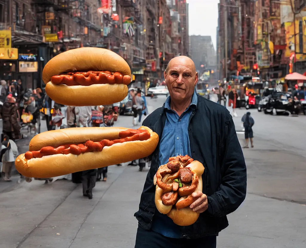 Image similar to closeup portrait of a man carrying a giant hotdog, smoky new york back street, by Annie Leibovitz and Steve McCurry, natural light, detailed face, CANON Eos C300, ƒ1.8, 35mm, 8K, medium-format print