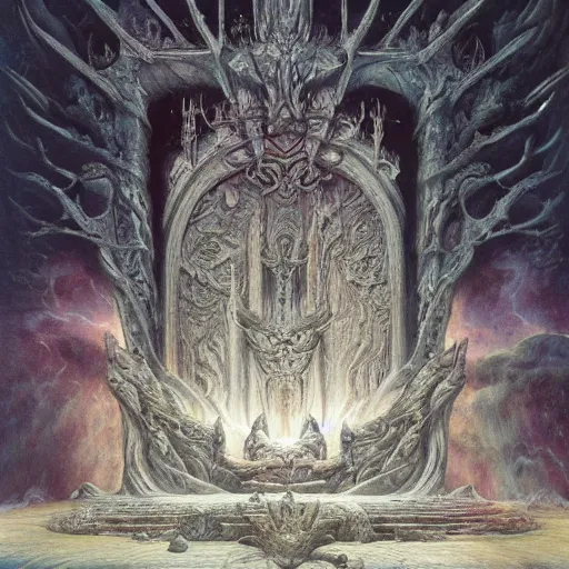 Image similar to the throne of earth and manifestation | highly detailed matte painting, hyperrealistic, very intrincate | cinematic lighting, award - winning | by rachel ruysch, giger, beksinski and bocklin | by austin osman spare and william blake, trending on artstation, cgsociety, official art, octane.