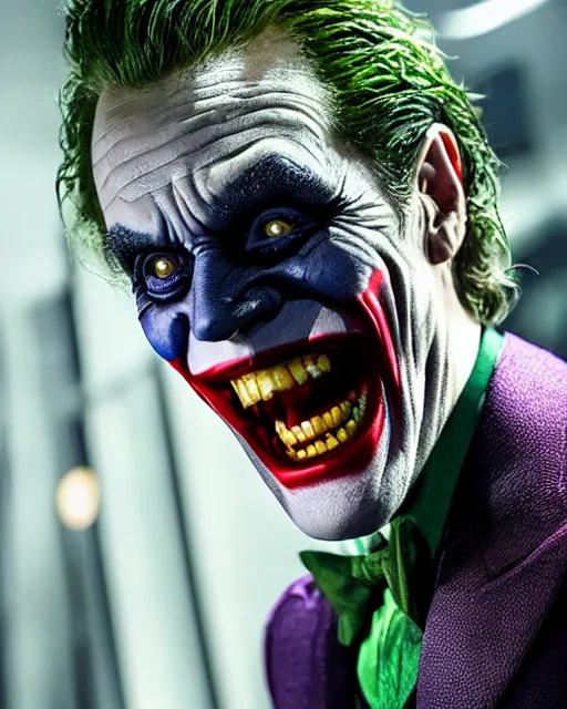 Image similar to a movie still of Batman starring Willem Dafoe as the Joker smiling, 8k, Technicolor, telephoto lens, detailed skin, detailed realistic eyes, medium shot, mid-shot