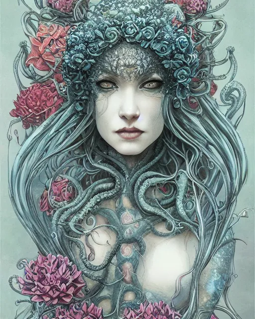 Prompt: centered beautiful detailed front view portrait of a woman with ornate tentacles and flowers growing around, ornamentation, flowers, elegant, dark and gothic, full frame, by wayne barlowe, peter mohrbacher, kelly mckernan, h r giger