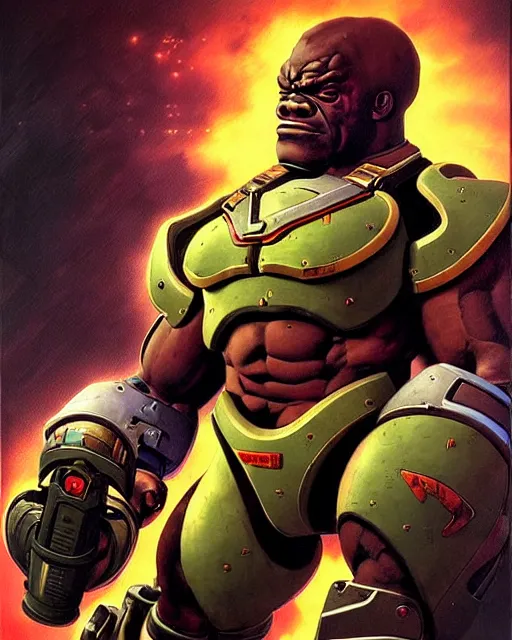 Image similar to doomfist from overwatch, aggressive expression, character portrait, portrait, close up, concept art, intricate details, highly detailed, vintage sci - fi poster, retro future, in the style of chris foss, rodger dean, moebius, michael whelan, and gustave dore